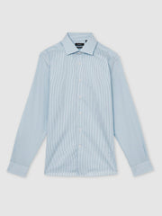 Men Regular Fit Cotton Sateen Shirt in Blue Stripe