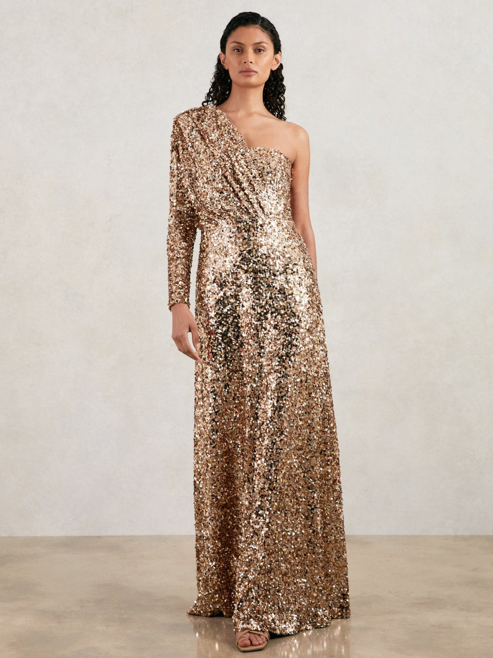 Women Halston Sequin One Shoulder Maxi Dress in Gold