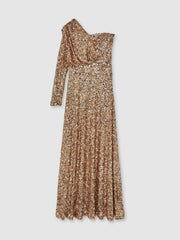 Women Halston Sequin One Shoulder Maxi Dress in Gold