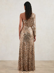 Women Halston Sequin One Shoulder Maxi Dress in Gold