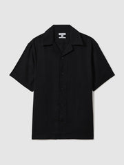 Men Linen Cuban-Collar Shirt in Black