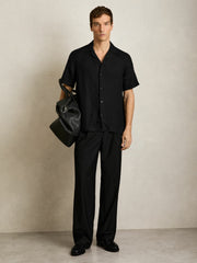 Men Linen Cuban-Collar Shirt in Black