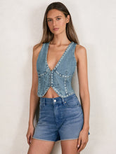 Women Studded Denim Vest in Indigo Blue