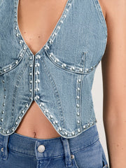 Women Studded Denim Vest in Indigo Blue