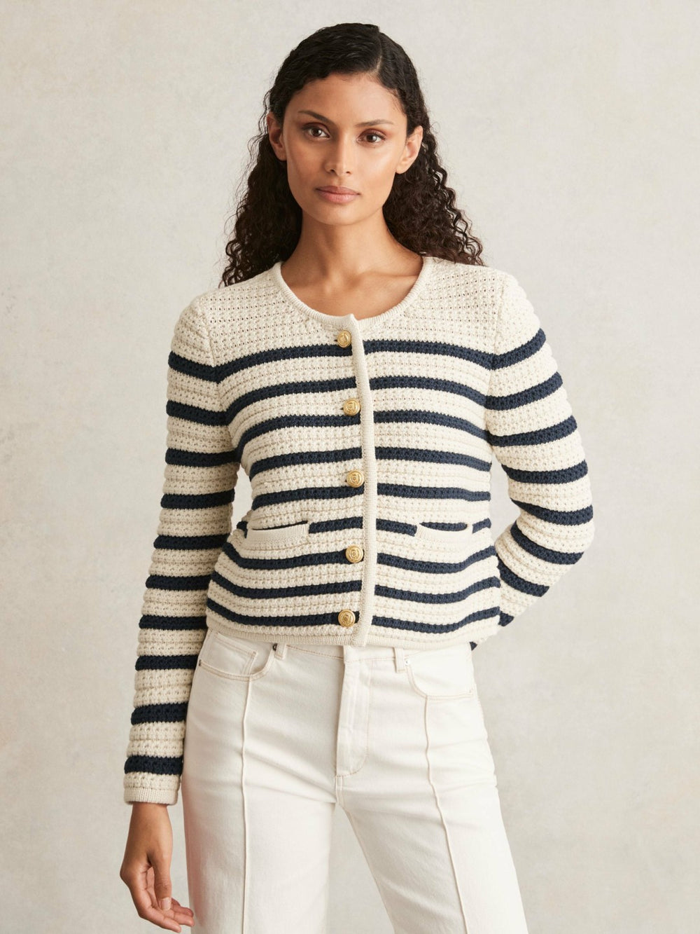 Women Paige Ivory Textured Knit Stripe Cardigan in Ivory