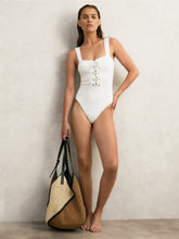 Women Ribbed Lace-Up Swimsuit in White