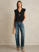 Women Cotton Shoulder-Pad V-Neck Top in Black