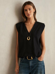 Women Cotton Shoulder-Pad V-Neck Top in Black