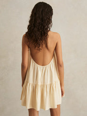 Women Halterneck Beach Cover-Up Swing Dress in Cream