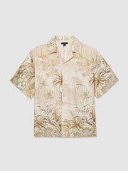 Men Jungle Print Cuban-Collar Shirt in Soft Sage Green