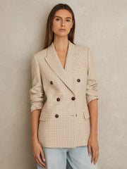 Women Petite Double Breasted Check Blazer With Wool in Neutral Check