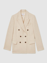 Women Petite Double Breasted Check Blazer With Wool in Neutral Check