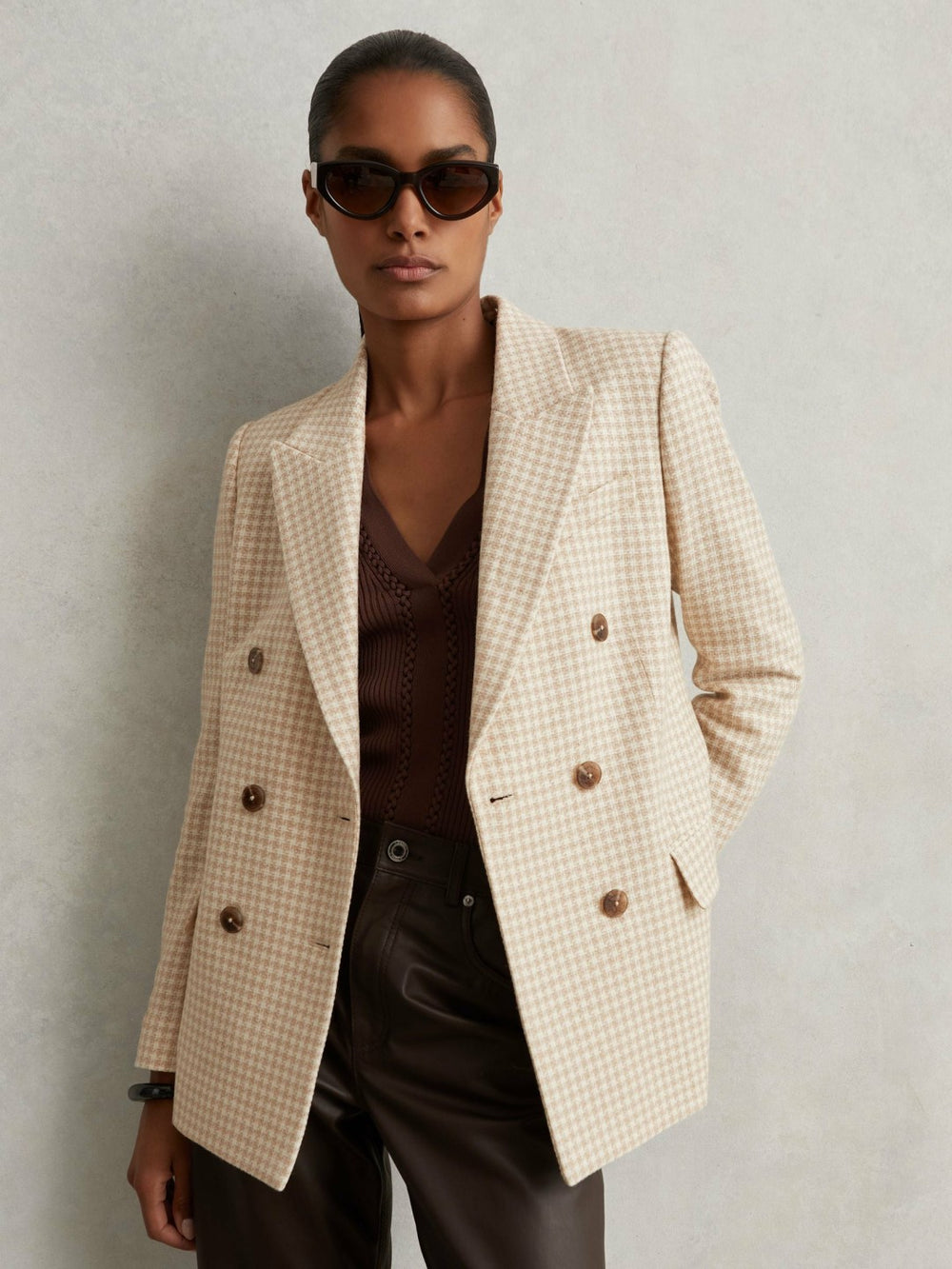 Women Double Breasted Check Blazer With Wool in Neutral Check