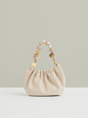 Women Leather Bead-Handle Pouch Bag in Off White