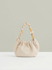 Women Leather Bead-Handle Pouch Bag in Off White