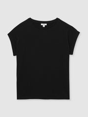 Women Brushed-Cotton Crew-Neck T-Shirt in Black