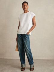 Women Brushed-Cotton Crew-Neck T-Shirt in White