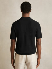 Men Textured Half-Zip Polo Shirt in Black
