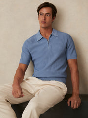Men Textured Half-Zip Polo Shirt in Blue