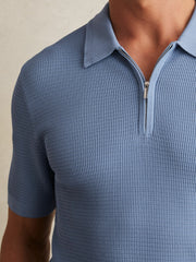 Men Textured Half-Zip Polo Shirt in Blue