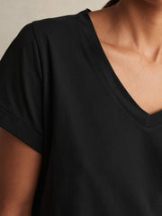 Women Brushed-Cotton V-Neck T-Shirt in Black