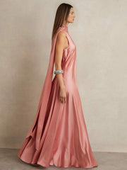 Women Satin Cape Maxi Dress in Pink