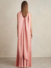Women Satin Cape Maxi Dress in Pink