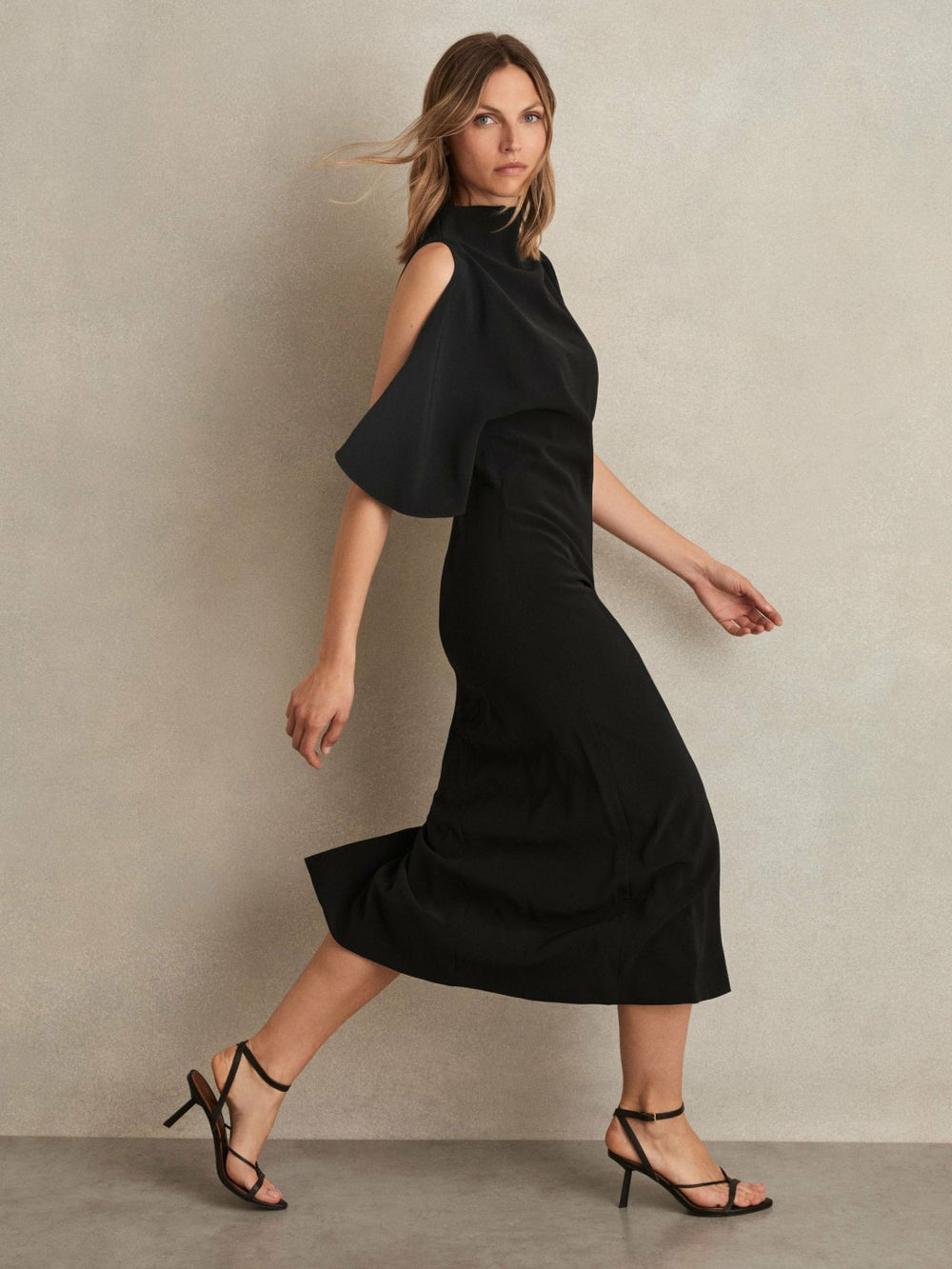 Women Draped-Front High-Neck Midi Dress in Black