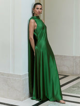 Women Satin Cape Maxi Dress in Green