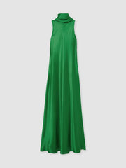 Women Satin Cape Maxi Dress in Green