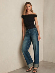 Women Bardot Open Knit Top in Black