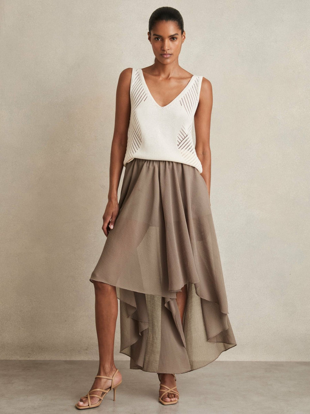 Women Petite Sheer-Overlay High-Low Shorts in Mink Neutral