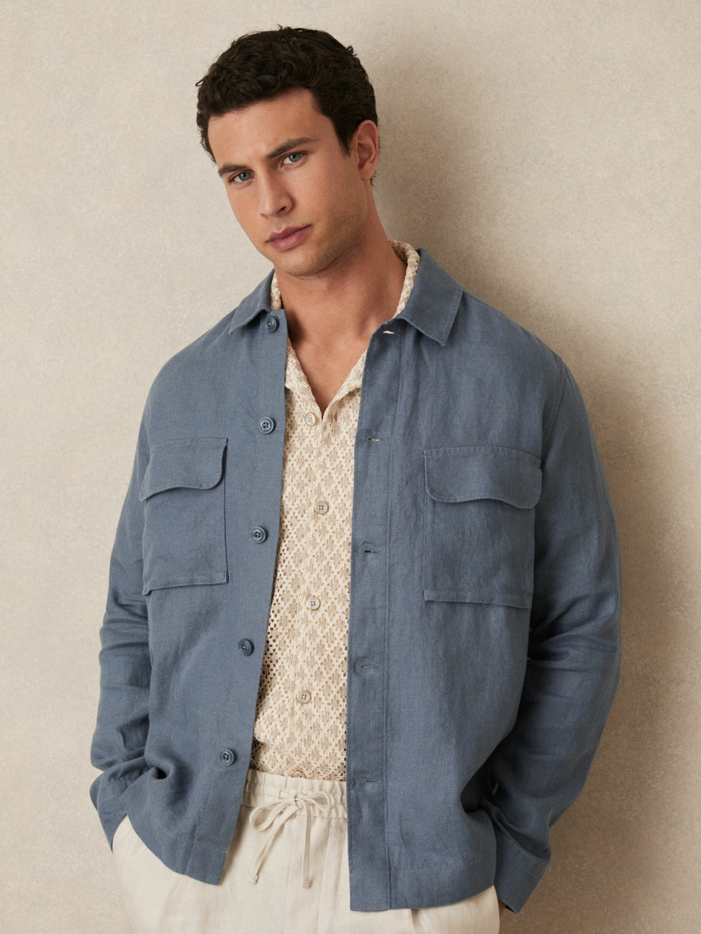 Men Linen Twin-Pocket Overshirt in Airforce Blue