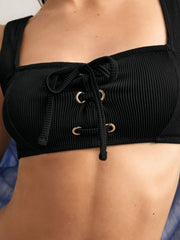 Women Ribbed Lace-Up Bikini Top in Black