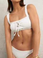Women Ribbed Lace-Up Bikini Top in White
