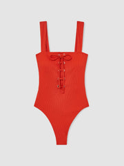 Women Ribbed Lace-Up Swimsuit in Orange