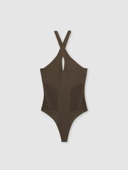 Women Perforated-Knit Cross-Strap Bodysuit in Mink