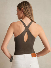 Women Perforated-Knit Cross-Strap Bodysuit in Mink