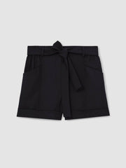 Women Belted Button Tab Shorts in Navy
