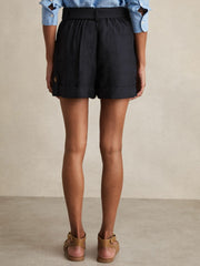 Women Belted Button Tab Shorts in Navy