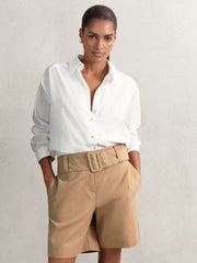 Women Cotton-Blend Belted Shorts With Linen in Camel