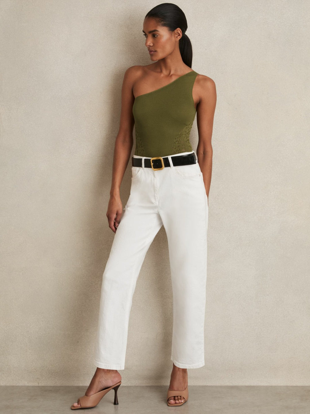 Women Lace-Knit Detail One-Shoulder Bodysuit in Green