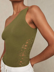 Women Lace-Knit Detail One-Shoulder Bodysuit in Green