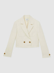 Women Double-Breasted Textured Cropped Blazer with Wool and Cotton in White