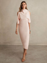 Women Draped-Front High-Neck Midi Dress in Pale Pink