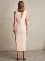 Women Draped-Front High-Neck Midi Dress in Pale Pink