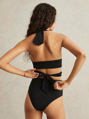 Women Plunge Tie Halterneck Bikini Top in Black
