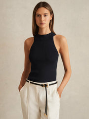 Women Rib Knit High Neck Vest in Navy