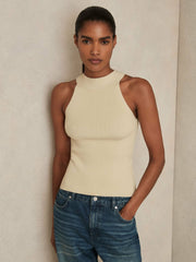Women Rib Knit High Neck Vest in Ivory