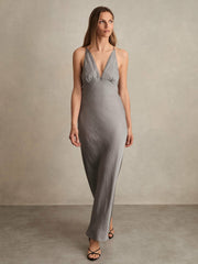 Women Crushed Satin Tie Back Slip Dress in Grey